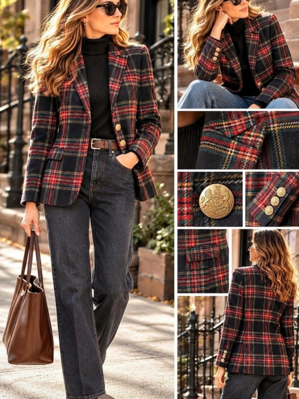 J.Crew Black Tartan Plaid Wool Blend Blazer Gold Crest Buttons Like New
